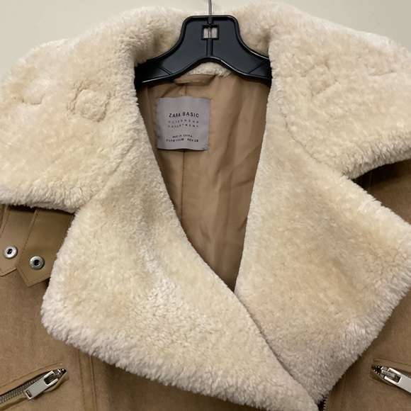 Zara Faux Fur Shearling and Suede Aviator Bomber Jacket Tan Beige Medium - Picture 5 of 13